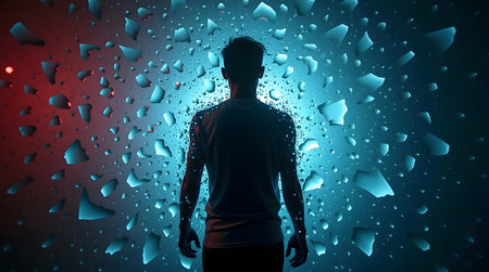 Person standing against abstract background, embodying modern technology and digital transformation eraの素材