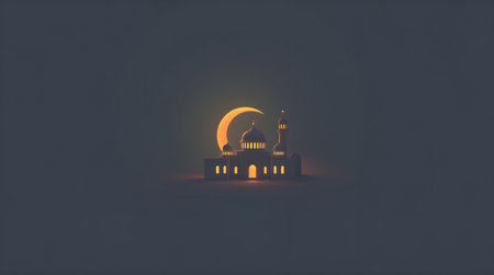 Ramadan and Islamic Festive Theme, Minimal scene with glowing crescent and mosque outlineの素材