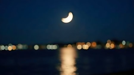 Ramadan and Islamic Festive Theme, Crescent moon reflected on calm water with bokeh lightsの素材