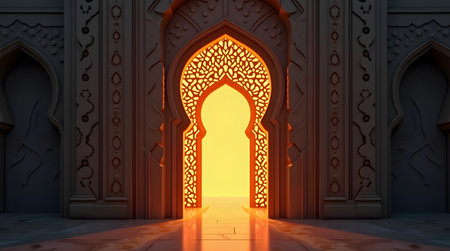 Ramadan and Islamic Festive Theme, Abstract glowing arch doorway with Islamic geometryの素材
