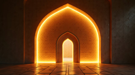 Ramadan and Islamic Festive Theme, Abstract glowing arch doorway with Islamic geometryの素材