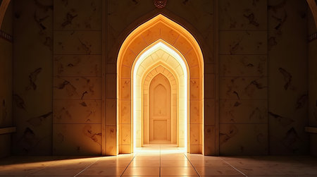 Ramadan and Islamic Festive Theme, Abstract glowing arch doorway with Islamic geometryの素材