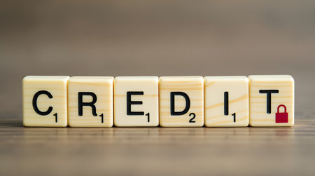 Crucial wooden letter tiles spell 'CREDIT' for financial planning and economic stability.の素材