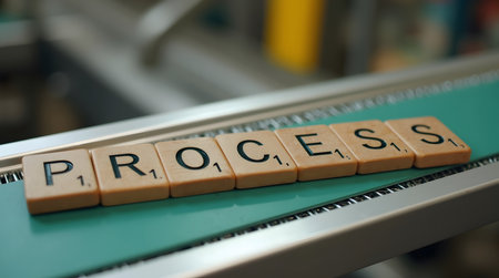 Streamline business process with these wooden letter tiles showing continuous improvement and efficiencyの素材