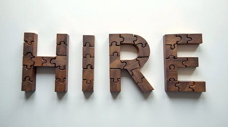 Time to hire new talent with creative puzzle letters representing hiring solutionsの素材