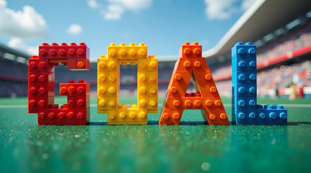 Score big with this vibrant LEGO goal at the stadium, perfect for sports fans!の素材