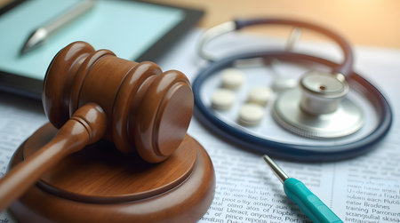 Medical malpractice lawsuit? Gavel and stethoscope for insurance law conceptの素材