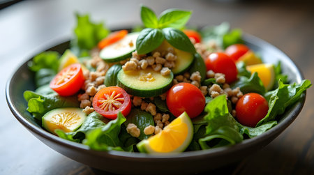 Vibrant salad bowl with tomatoes, zucchini, and lemon for healthy lifestyle contentの素材