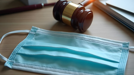 Navigating legal disputes during pandemic with mask and gavel for safety measuresの素材