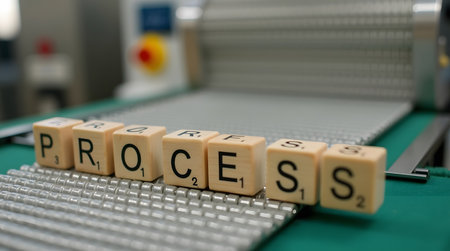 Efficient industrial process spelled out on conveyor belt for streamlined manufacturing solutionsの素材