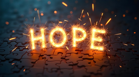 Ignite your soul with dazzling hope shining over puzzle pieces for a bright positive futureの素材