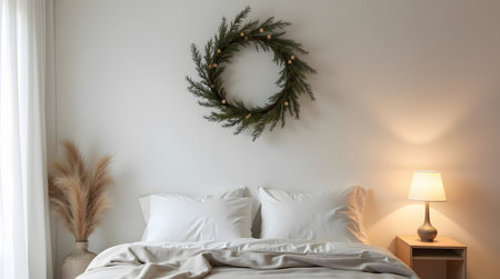 Inviting bedroom scene with elegant Christmas wreath for cozy holiday home decor inspirationの素材