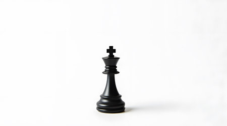 Powerful black chess king piece stands tall against white background for strategy conceptsの素材