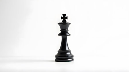 Single black king chess piece standing tall against a bright white background highlighting strategyの素材