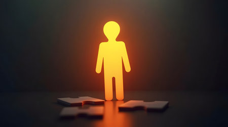 Glowing figure stands over puzzle pieces representing solution or problem solving conceptの素材