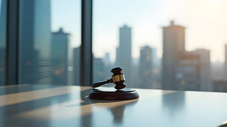Dramatic gavel on table with city skyline represents legal power and authority for law firms or legal professionalsの素材