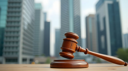 Justice prevails in the city - gavel representing law and order against modern skyscrapers, ideal for legal themesの素材