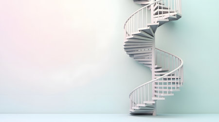 Modern spiral staircase casting a soft shadow against a blue pastel wall creates a minimalist architectural sceneの素材