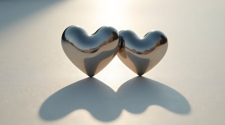 Theme Valentines, Two intertwined metallic hearts casting long shadows.の素材