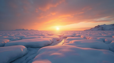 Theme Winter Solstice, horizon glowing with warm golden tones over icy tundra.の素材