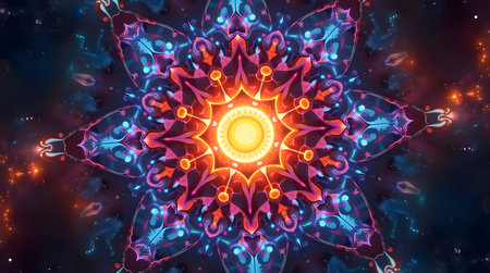 Abstract fractal mandala inspired by solstice sun, glowing neon colorsの素材