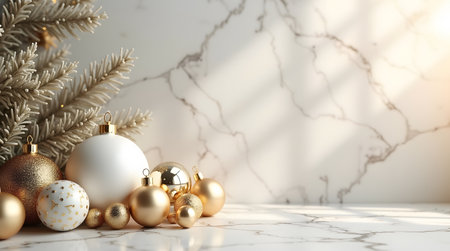 Elegant Christmas ornaments on marble background, gold and white luxury color scheme. Theme Christmasの素材