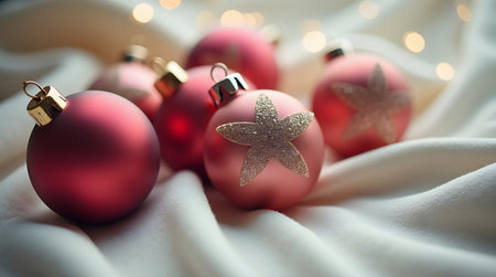Christmas balls arranged in gradient tones on soft fabric textureの素材