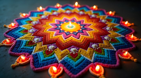 Vibrant colorful Diwali rangoli design with glowing candles brings festive joy to any projectの素材