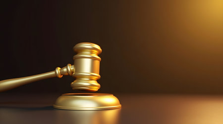 Gavel shining in golden light symbolizing justice and legal proceedings, perfect for finance and law firms marketing materials and courtroom dramasの素材