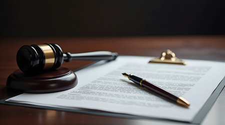 Elegant gavel and fountain pen resting on legal documents, symbolizing justice and legal expertise in a law office settingの素材