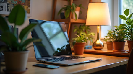 Theme Interior, Cozy home office corner with laptop, indoor plants.の素材