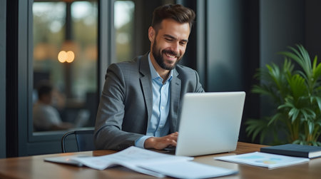 Professional scene, banker desk with laptop and reportsの素材