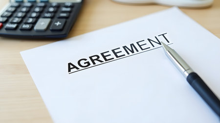 Flat lay of signed agreement, pen, and calculator on deskの素材