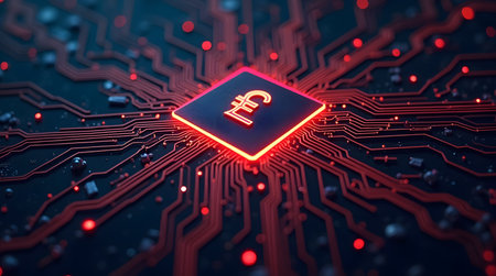 Abstract design of glowing circuit board with currency symbolsの素材