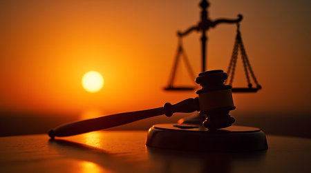 Powerful silhouette of justice scales and gavel against vibrant sunset symbolizes fairness and legal authority, ideal for legal professionals and law firmsの素材