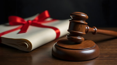 Symbolic gavel and ribbon tied document representing justice, legal proceedings, and important resolutions presented with dramatic lightingの素材