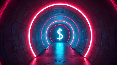 Vibrant dollar sign beckons from neon tunnel, promising financial success and innovation in digital finance and investmentsの素材