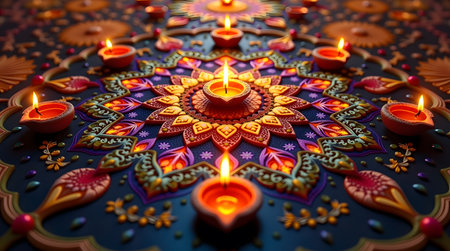 Celebrate Diwali with vibrant clay diya lamps radiating spiritual warmth and colorful mandala patternsの素材