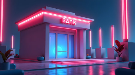 Modern futuristic bank facade with neon lights perfect for financial technology visualsの素材