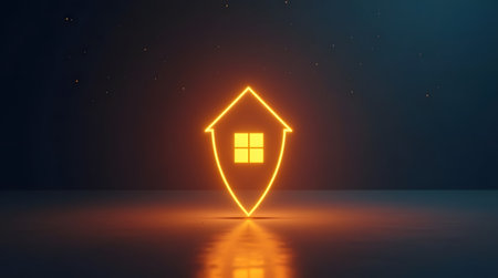 House icon inside glowing location pin, property location conceptの素材