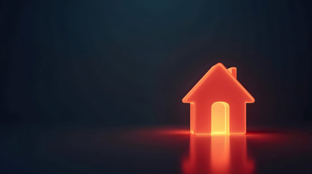 House icon inside glowing location pin, property location conceptの素材