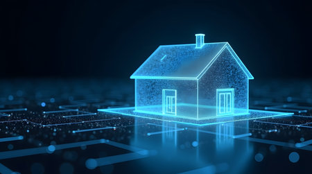 Glowing holographic house blueprint floating in dark digital spaceの素材