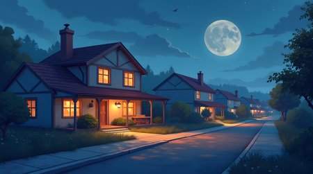 Illustration of suburban neighborhood with one house glowing, property selection themeの素材