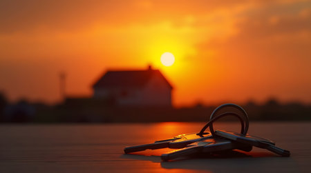 Creative photo of house silhouette against sunset with keys in foregroundの素材