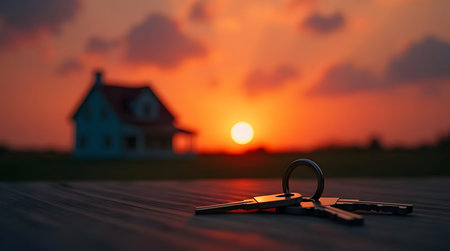 Creative photo of house silhouette against sunset with keys in foregroundの素材