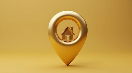 Golden location pin with house icon inside, property location markerの素材