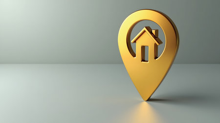 Golden location pin with house icon inside, property location markerの素材