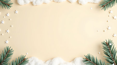 Theme Christmas, Minimalist background with pine branches and soft snow on beige backdropの素材