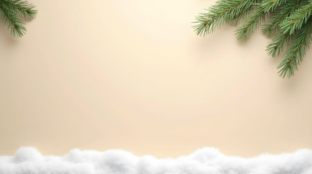 Theme Christmas, Minimalist background with pine branches and soft snow on beige backdropの素材