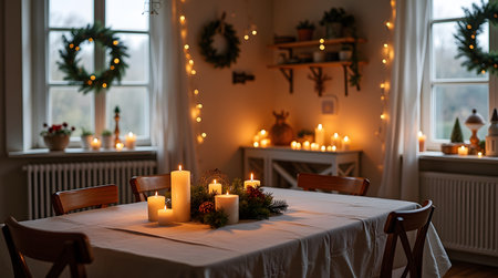 Theme Christmas, Cozy interior with candles and wreaths, selective focusの素材
